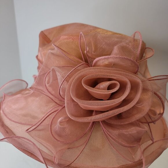 Dusty Rose Dress Hat Pink Organza Packable Ruffles Frilly Wedding Hat - Picture 9 of 15
